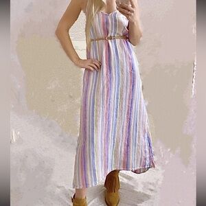 C&C California 100% Linen Rainbow Pastel Striped Maxi Midi Dress Size Small S
